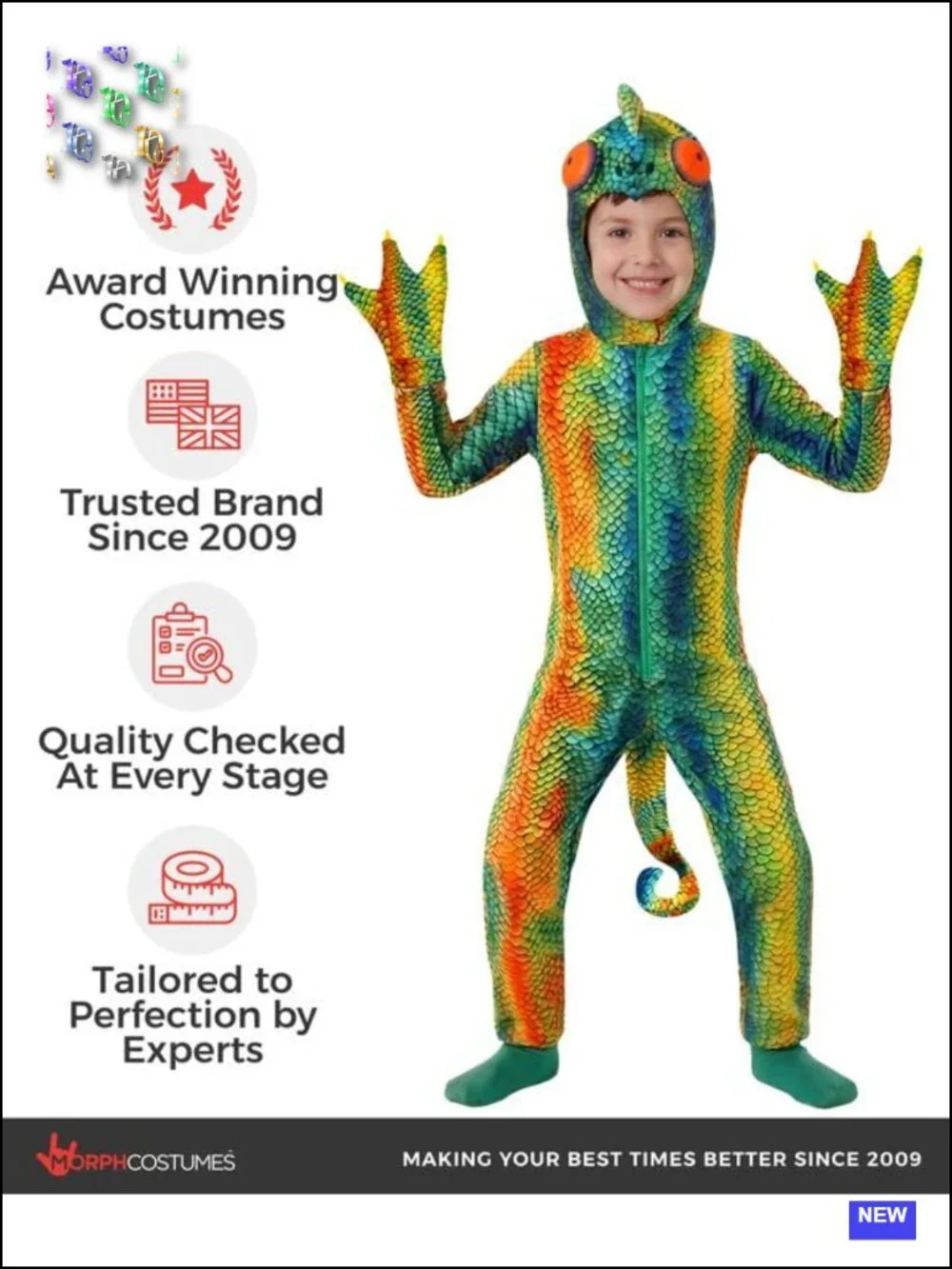 Kids Rainbow Chameleon Costume Set Jumpsuit Hood Spikes Tail Halloween Dress-Up